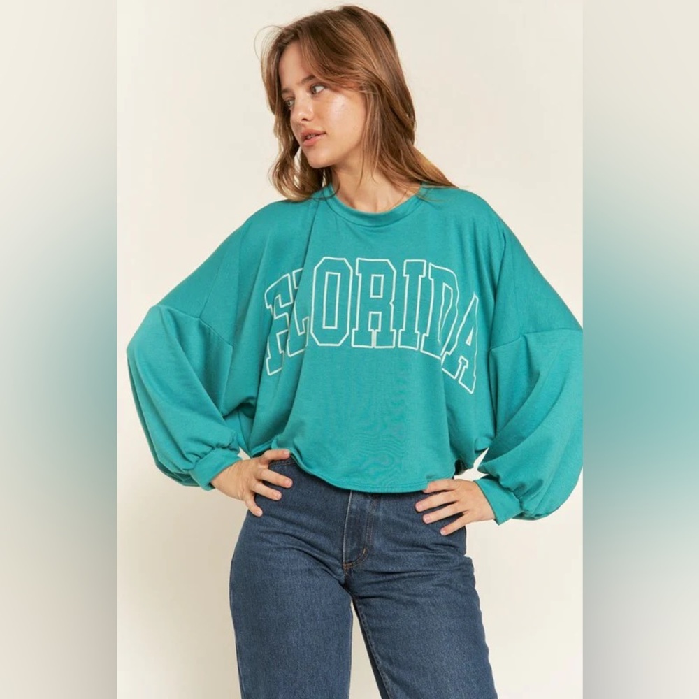 Teal Florida Lightweight Crop  Long Sleeve Top